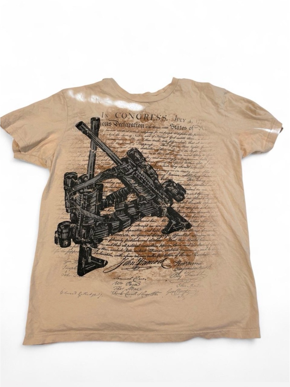 Beige Short-Sleeve Graphic Tee with Historic Script and Crossed Rifles
